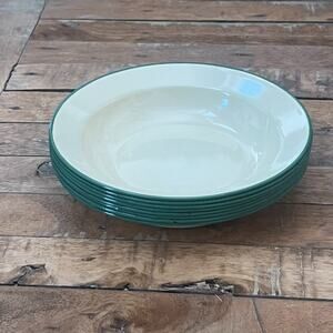 Vintage Cream with Green Trim Enamelware Bowls 7" Set of 8 Country Farmhouse